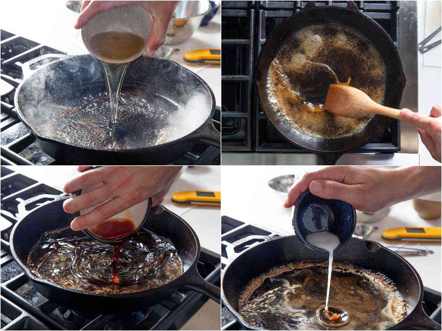 Collage of deglazing the skillet and building the pan sauce.