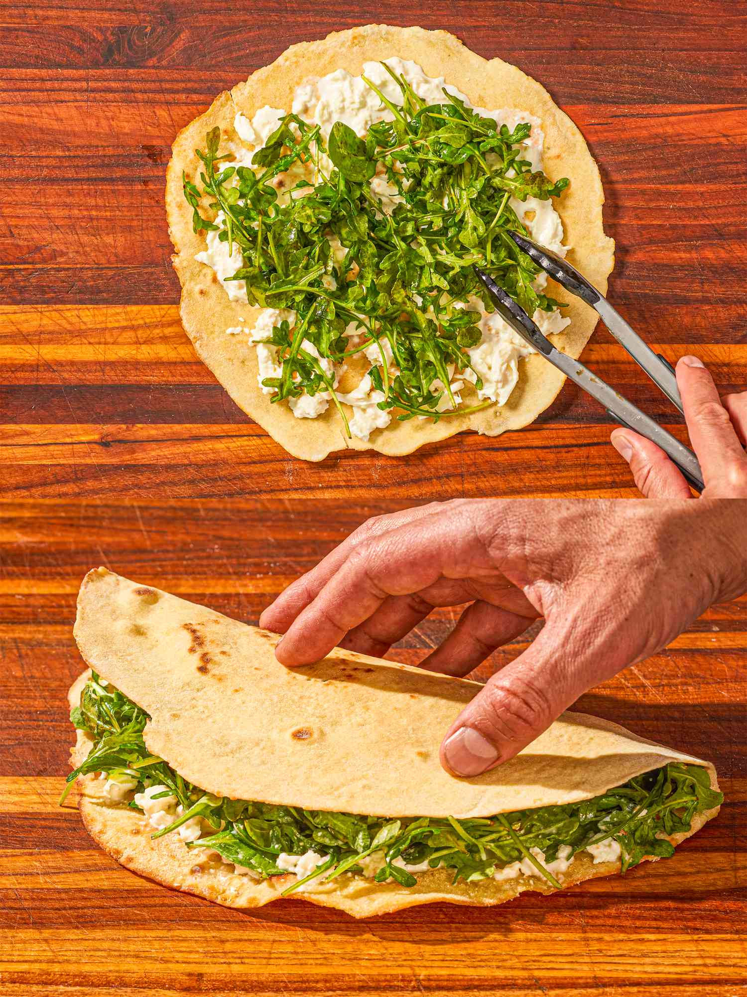 Two image collage of putting ragula on cheese and folding piadina