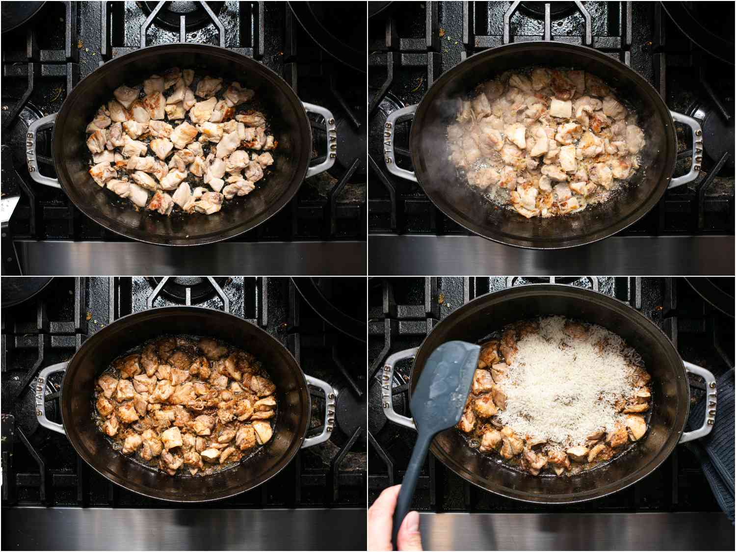 A collage: browning chicken; adding vegetables and aromatics; everything cooked together and nicely browned; jasmine rice added.