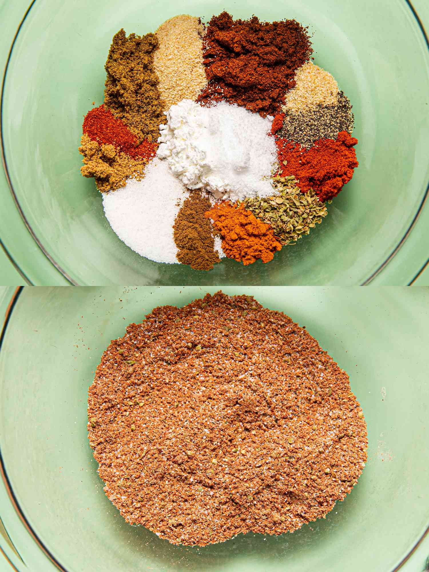 Two image collage of taco seasoning before and after being mixed