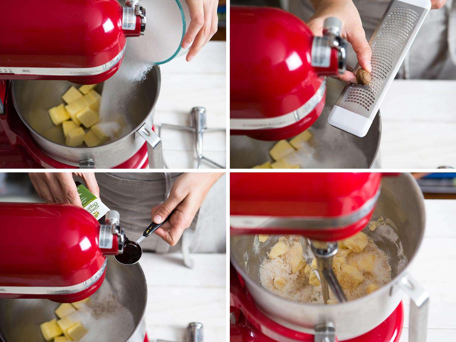 Collage of adding sugar, nutmeg, vanilla extract to a mixing bowl and creaming them with butter.