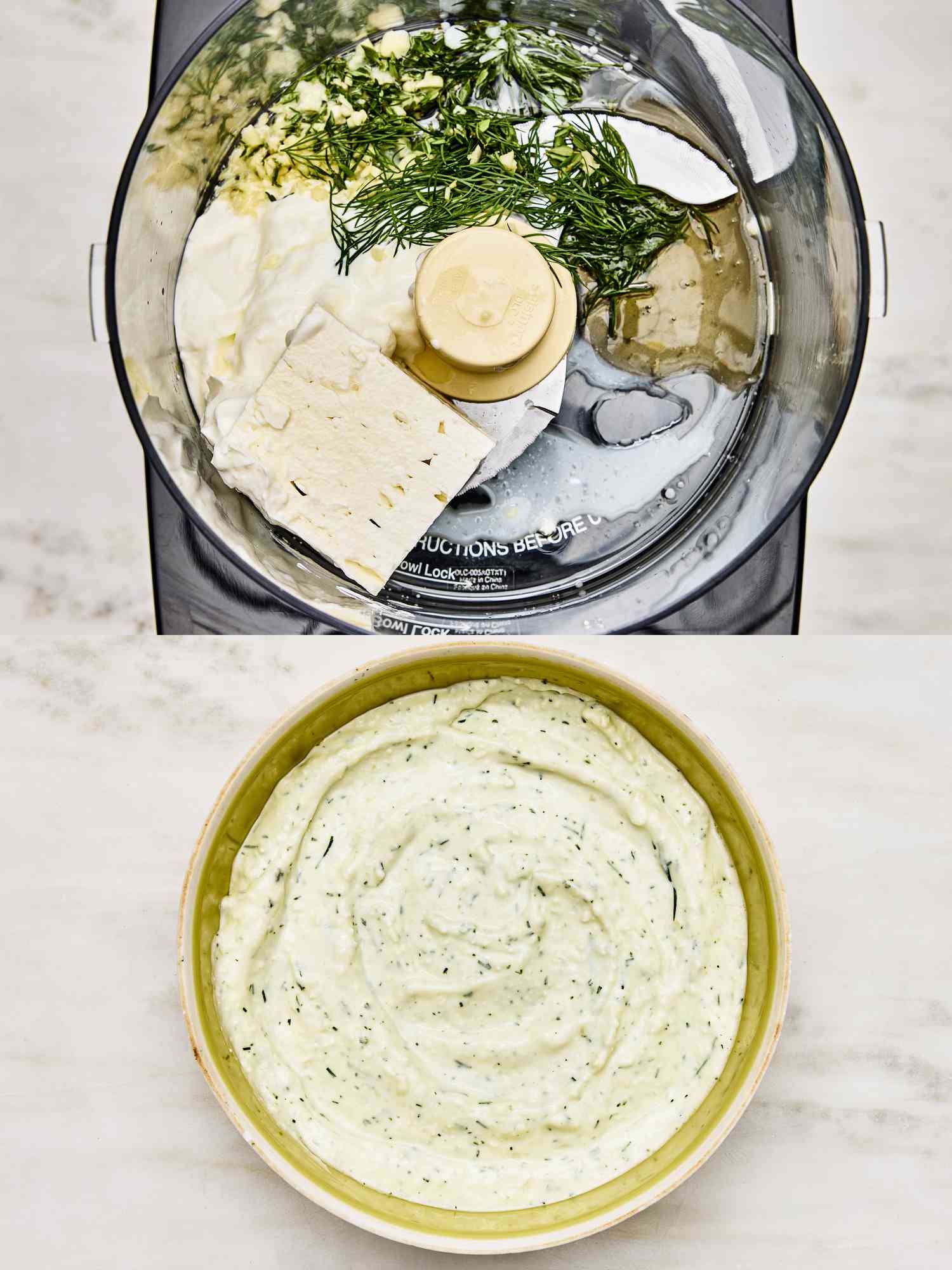 Two Image Collage. Top: Feta, yogurt, olive oil, garlic, lemon juice, thyme and dill in a food processor. Bottom: Mixture of above ingredients poured into a bowl. 