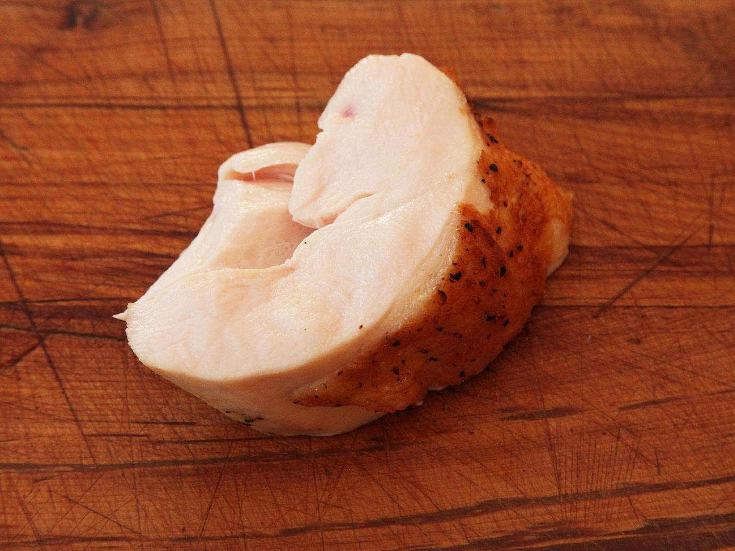 Sample piece of sous vide chicken breast cooked to 140 degrees Fahrenheit. This is my preferred temperature for cooking sous vide chicken.