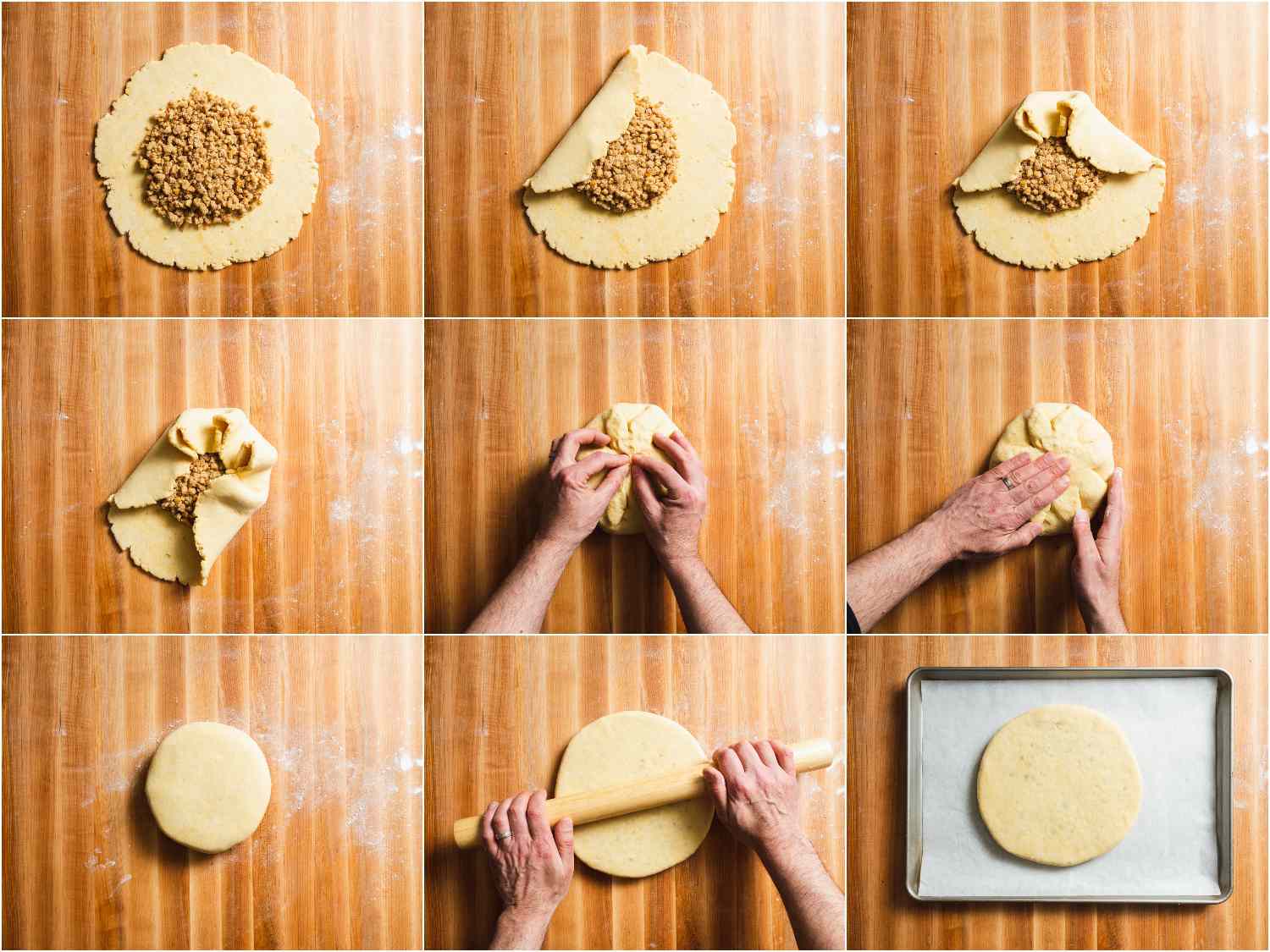 collage: 9 images of the process of filling the dough, folding it up, sealing into a pouch, and rolling back out into a circle 