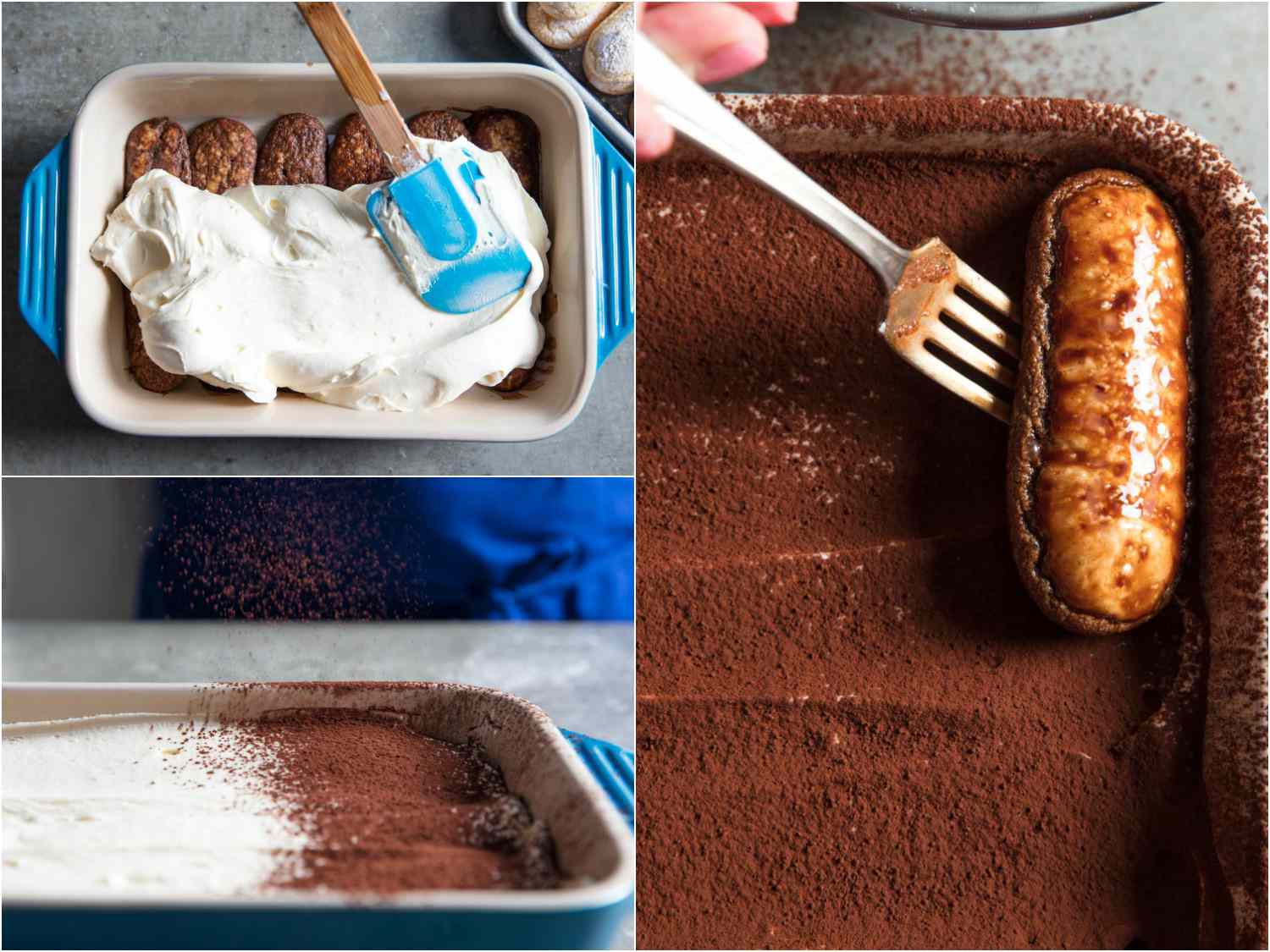 A collage of three photos showing how to assemble tiramisu: layering ladyfingers, cocoa powder, and mascarpone. 