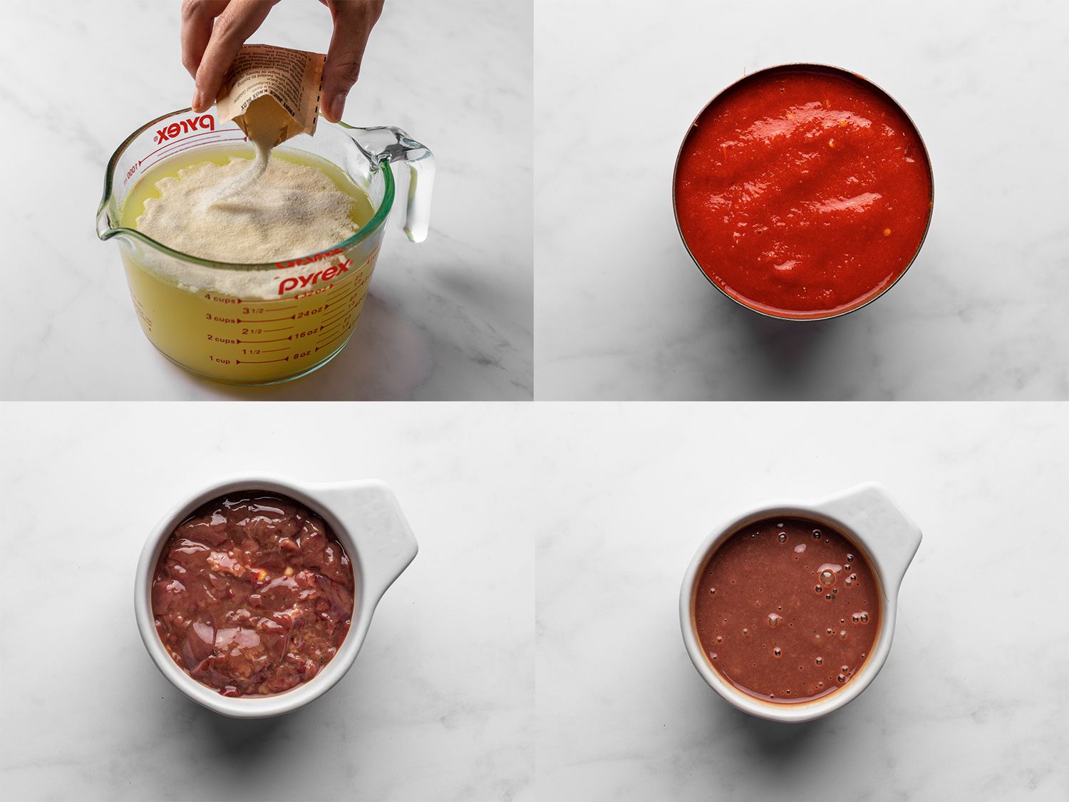 A four-image collage. The top left image shows the gelatin being evenly sprinkled over stock inside a 1-quart liquid measure cup. The top right image shows tomatoes pureed until smooth inside of a can. The bottom left image shows chicken livers transferred to a cup that just fits the head of an immersion blender. The bottom right image shows the chicken livers now pureed until smooth inside the cup.