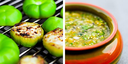 Tomatillos on the grill, and a bowl of grilled tomatillo salsa. 