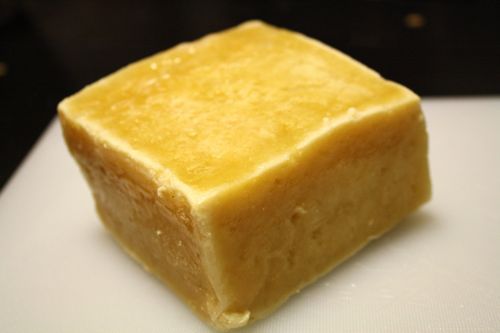 A block of frozen tofu. 