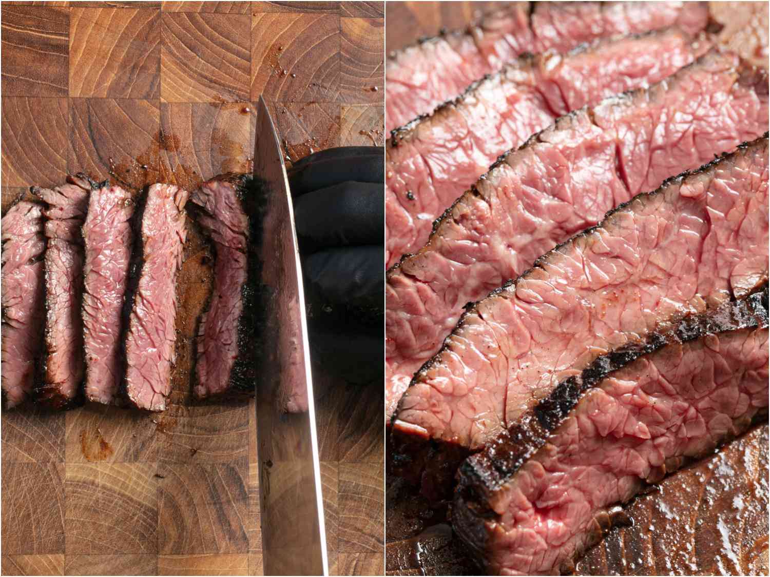 Photo collage showing thinly slicing skirt steak against the grain and a close-up of sliced steak