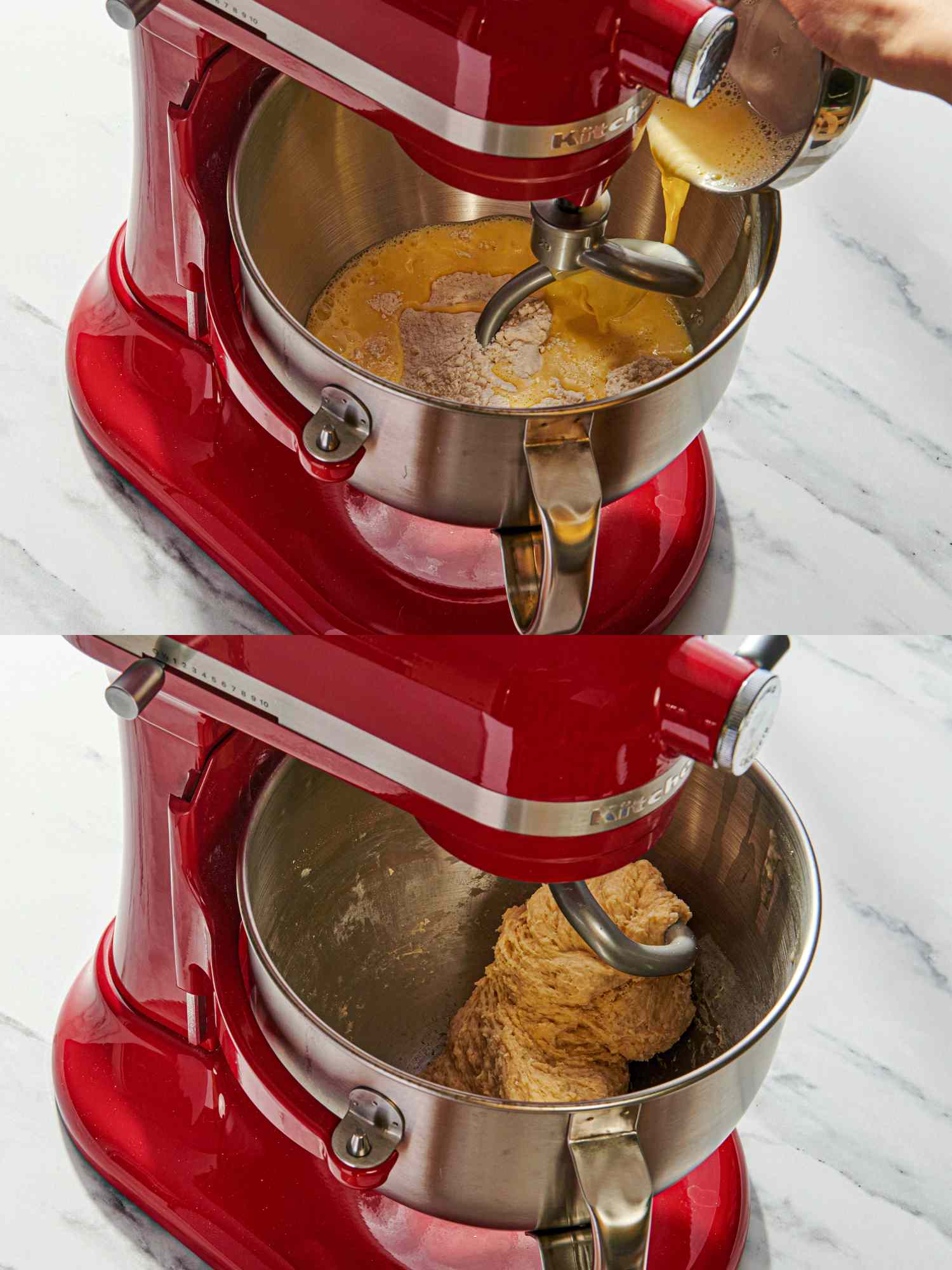 Red stand mixer shown with dough preparation in progress