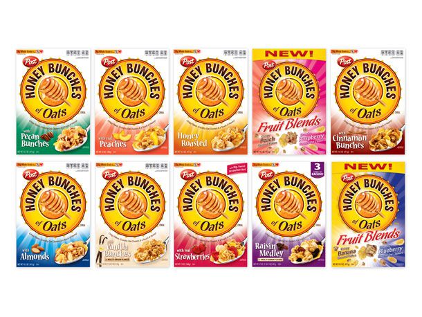 A composite image of different flavors of Honey Bunches of Oats cereal boxes.