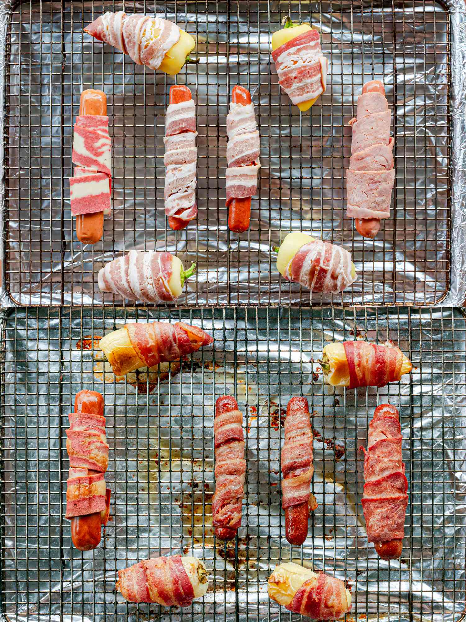 Two image collage of bacon wrapped things before and after being baked