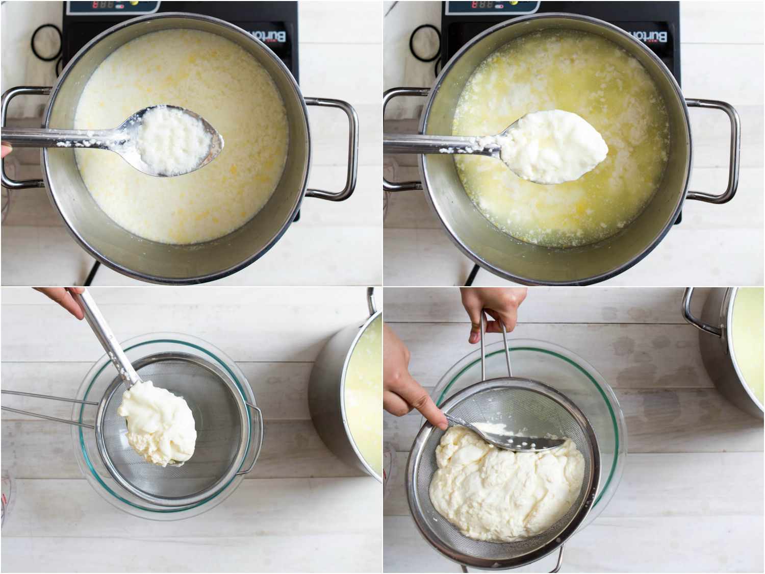 Photo collage showing breaking up curds in a pot of whey, draining curds, and pressing the excess whey through a fine-mesh strainer.