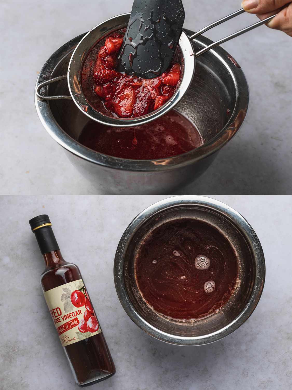 A two-image collage. The top image shows the fruit straining through a fine-mesh strainer set over a medium metal bowl, with a black silicone spatula pressing lightly on the solid fruit. The bottom image shows the vinegar whisked into the bowl holding the syrup, with the bottle of vinegar on the left hand side of the image.