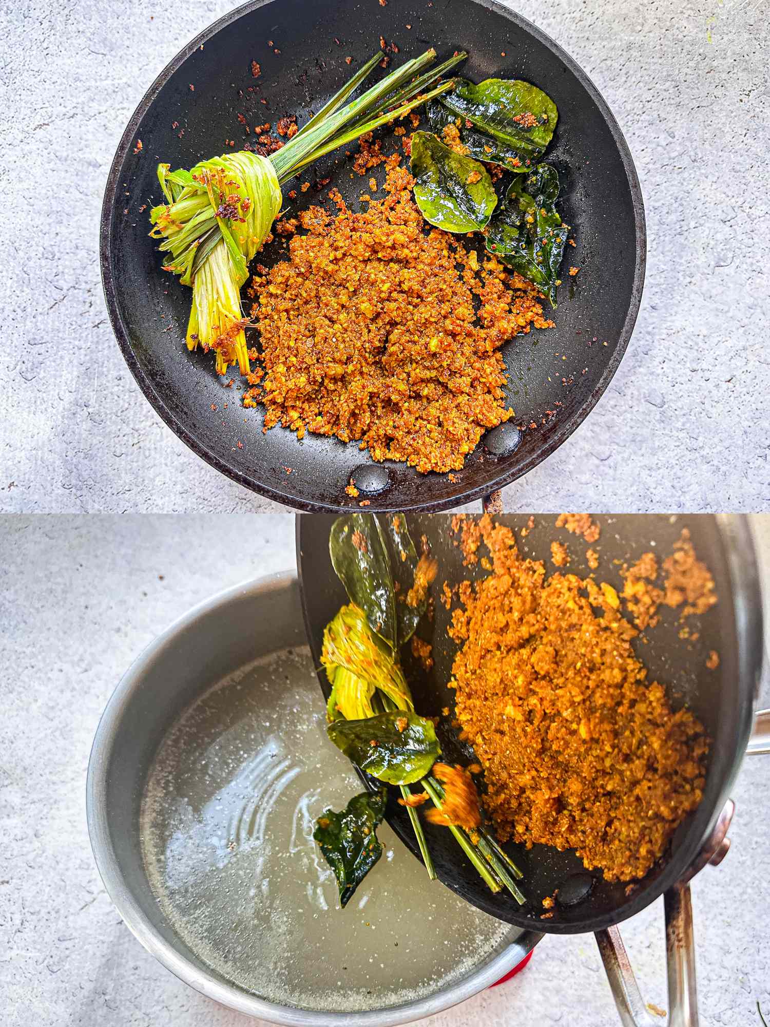 2 image collage. Top: Spice paste, lemongrass and lime leaves fried in a skillet, after about 1 minute, when slightly darkened . Bottom: pouring mixture into brock. 