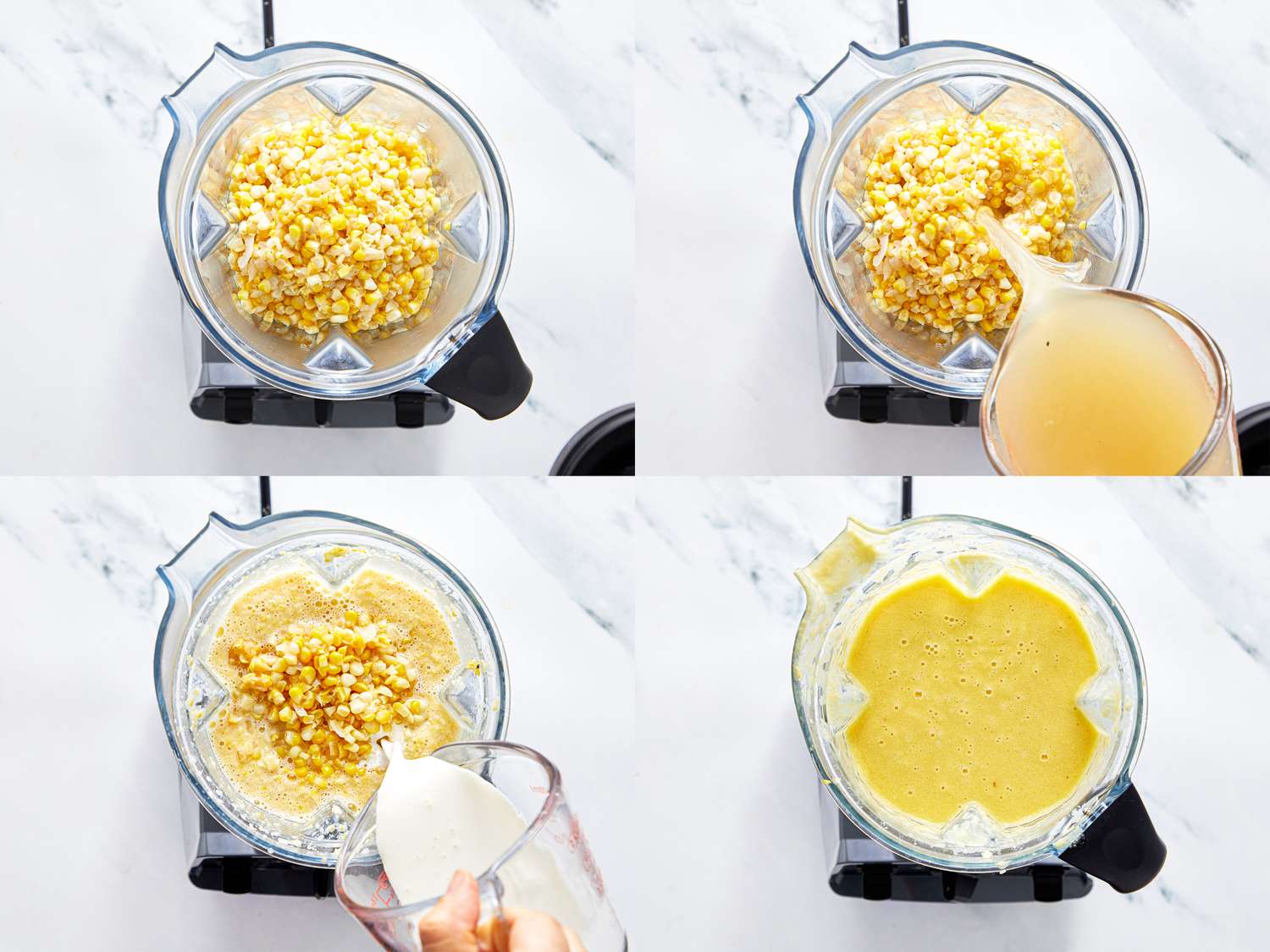 Steps in preparing corn soup in a blender including adding corn broth and cream and blending to make a smooth consistency