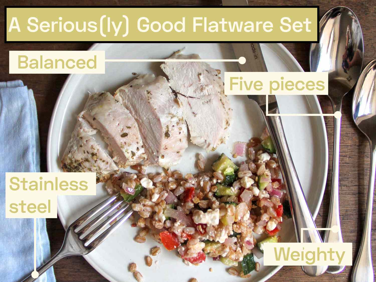 The made in flatware set next to a plate with farro salad and chicken