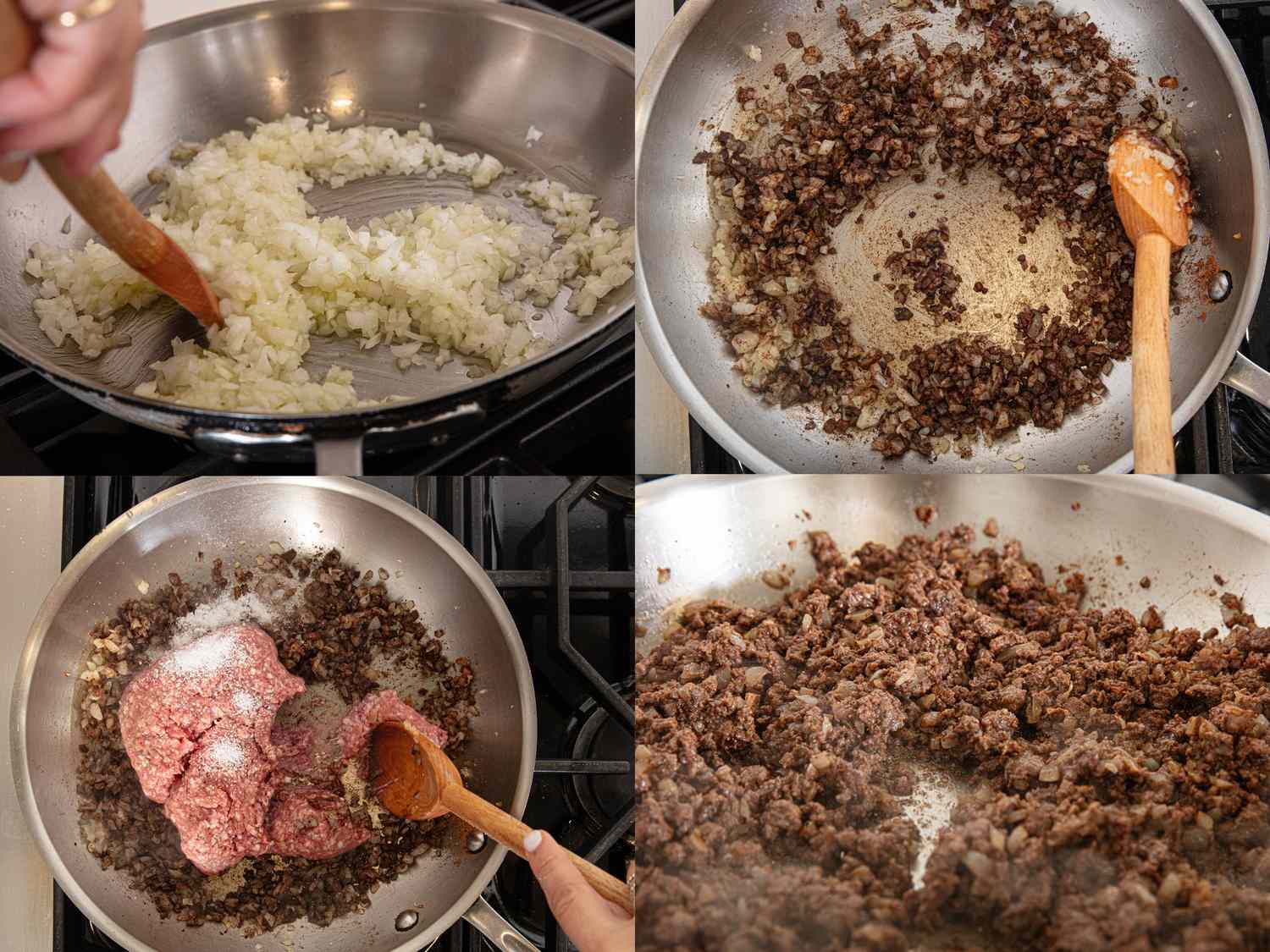 Step-by-step cooking process in a pan, showing sautéed onions, browning meat, seasoning, and completed ground beef preparation