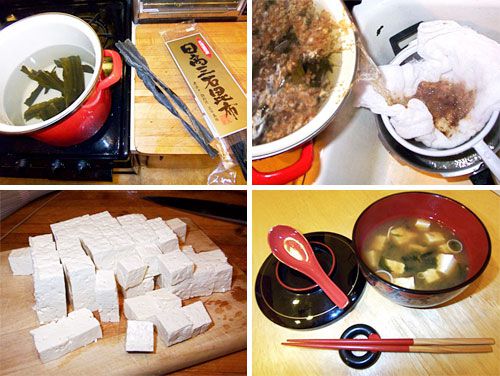 A collage showing the steps to making homemade miso soup. 