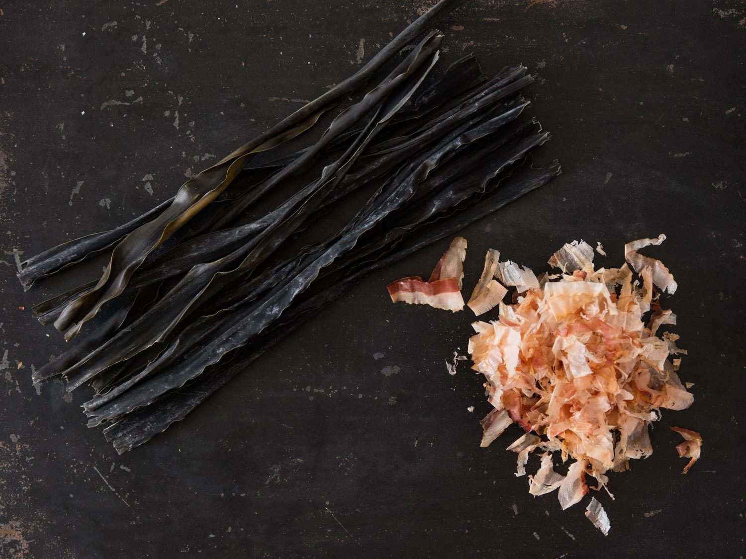 Kombu (dried kelp) and katsuobushi (cured, smoked, and dried skipjack tuna flakes)