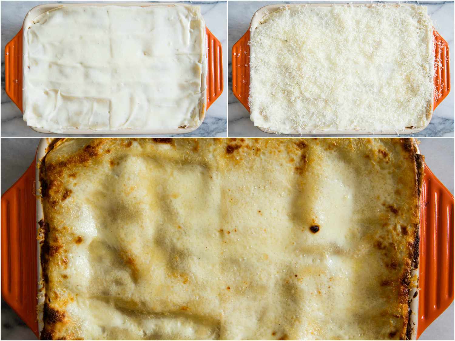 Photo collage of lasagna bolognese before and after baking.
