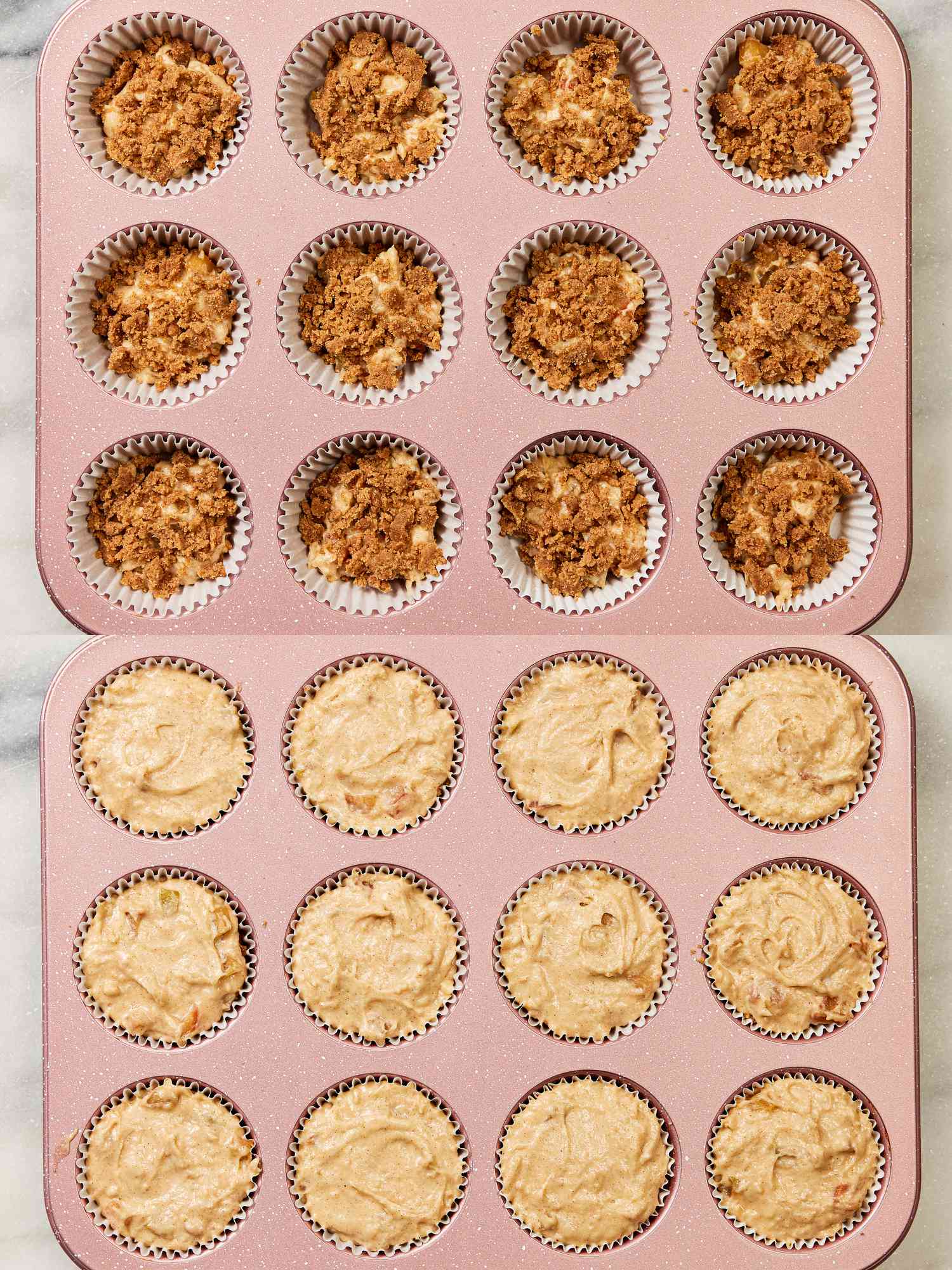 2 image collage. Top: Muffin pan with liners filled with dough and brown sugar mixture . Bottom: muffin tin filled to the top with muffin dough