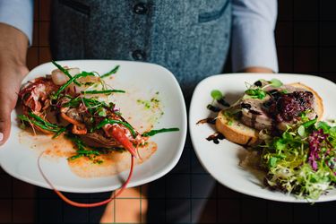 A waiter presenting two plated gourmet dishes one featuring seafood and the other a salad with toast