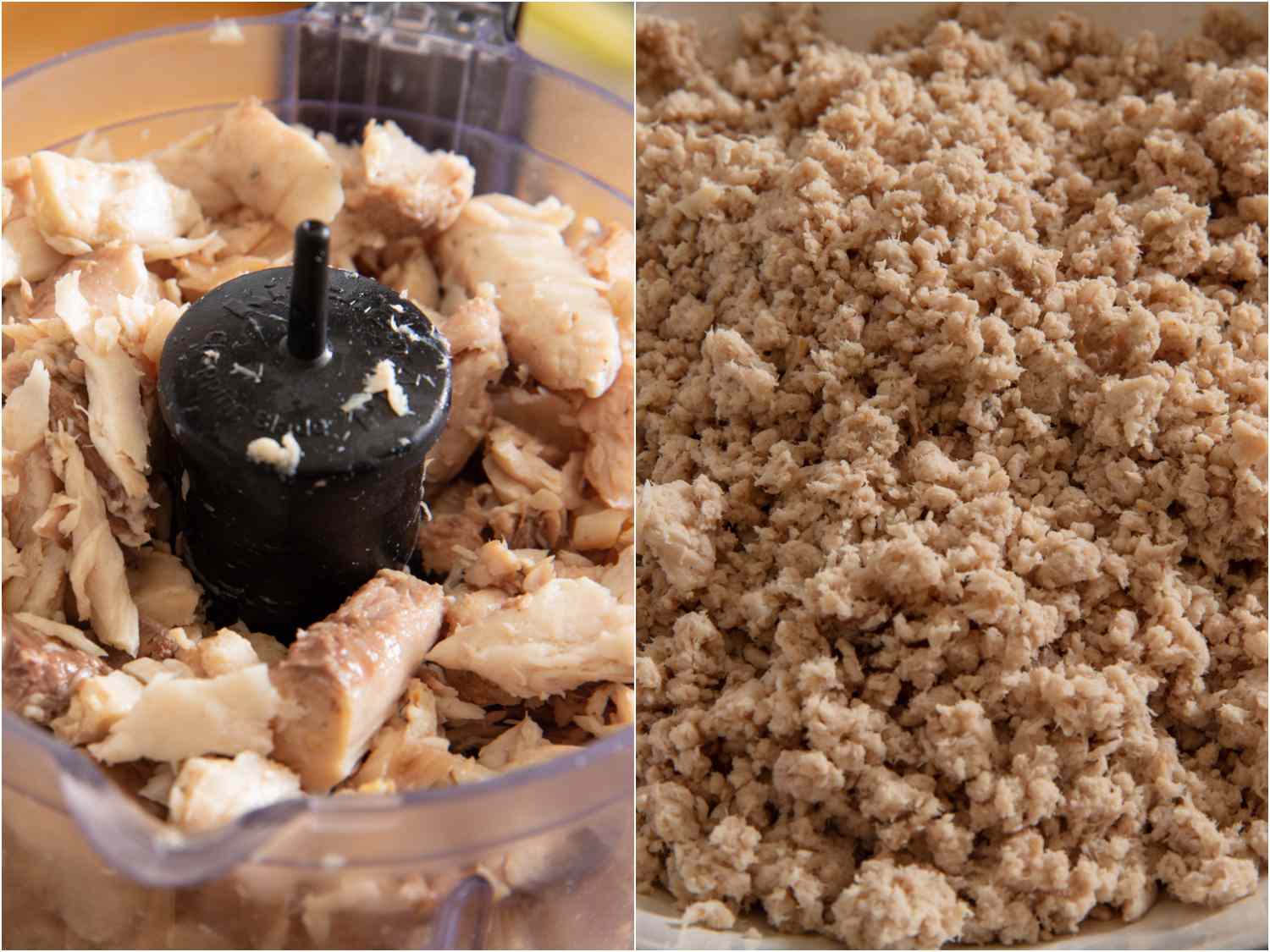 Pulsing picked cooked fish in food processor.