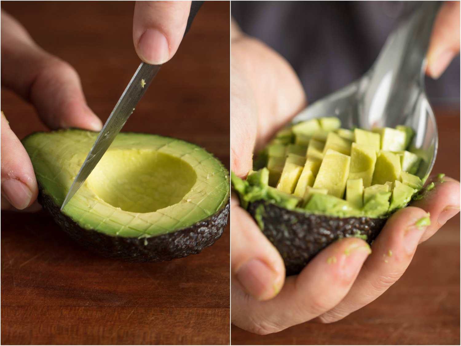 Collage of two photos: dicing an avocado half and scooping out the dice