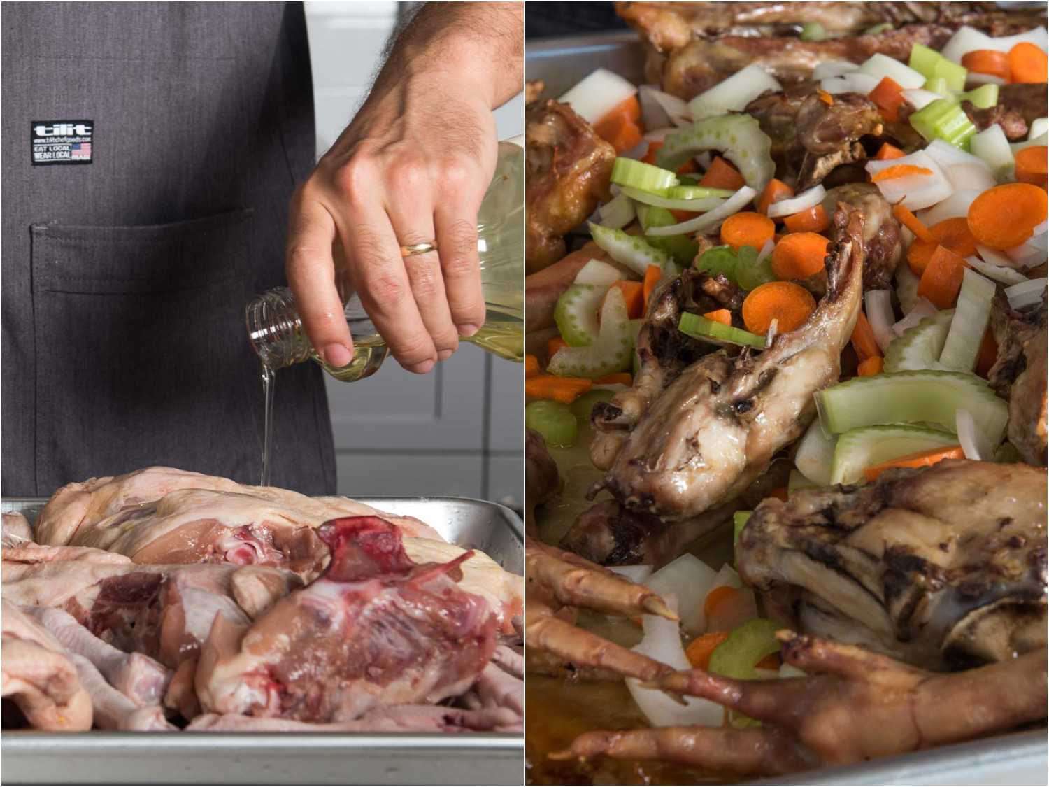 Side by side images. The left image shows pouring oil onto chicken bones on a baking sheet. The right image shows adding carrot, celery and onion to the roasted chicken bones on the same baking sheet. 