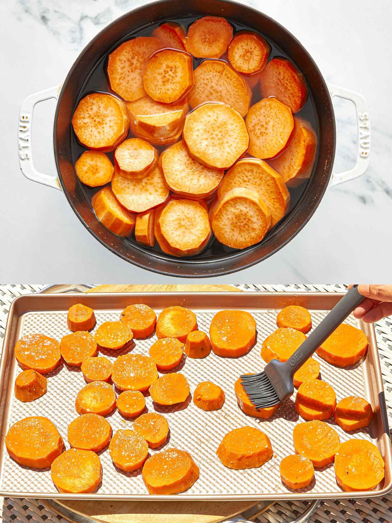 Sweet potato slices boiled in a pot then laid on a tray and brushed with oil for grilling