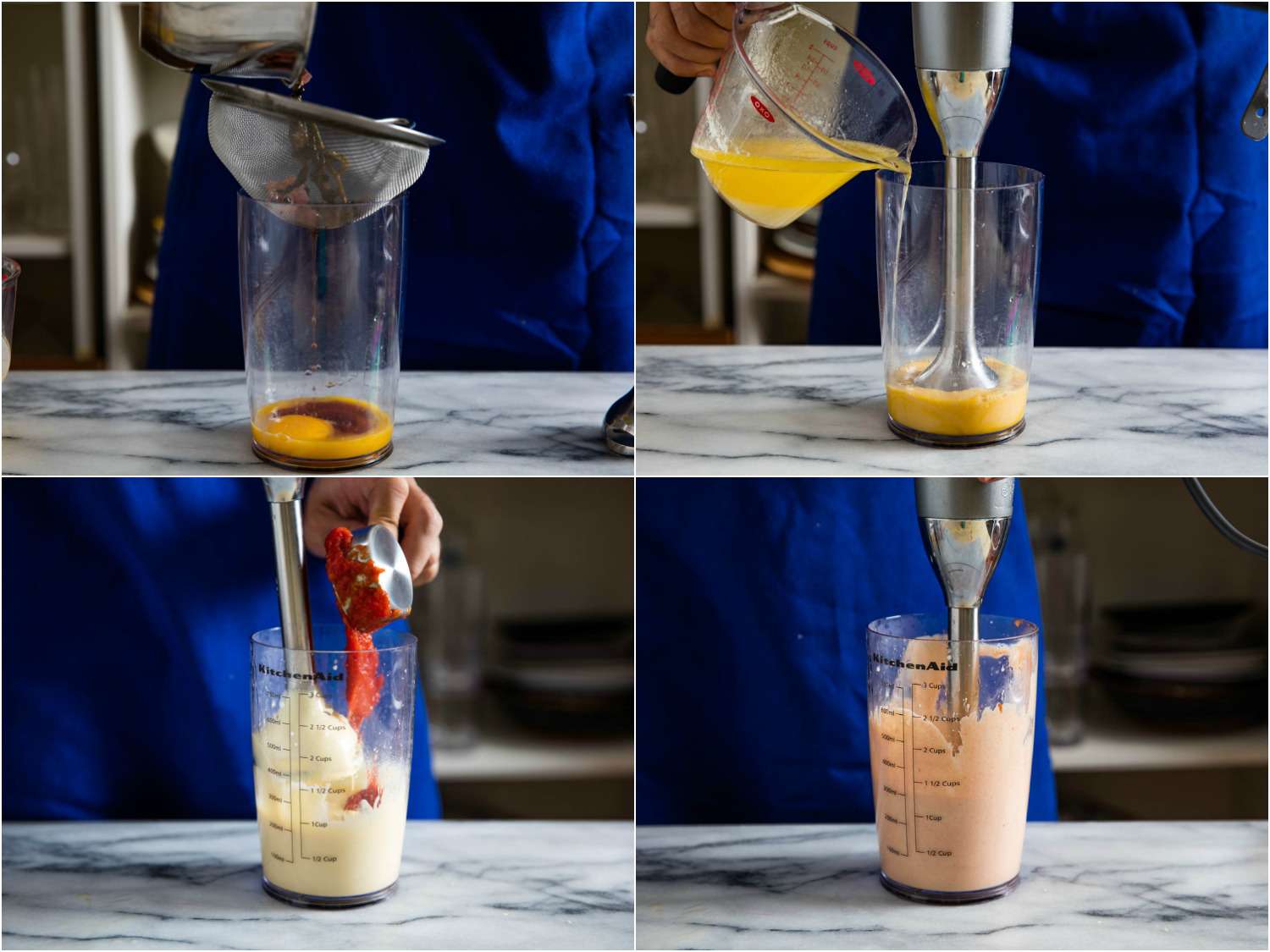 The sauce being combined and blended in a tall container using an immersion blender, shown in stages.