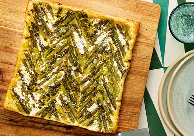 Overhead view of asparagus upside down sheet tart