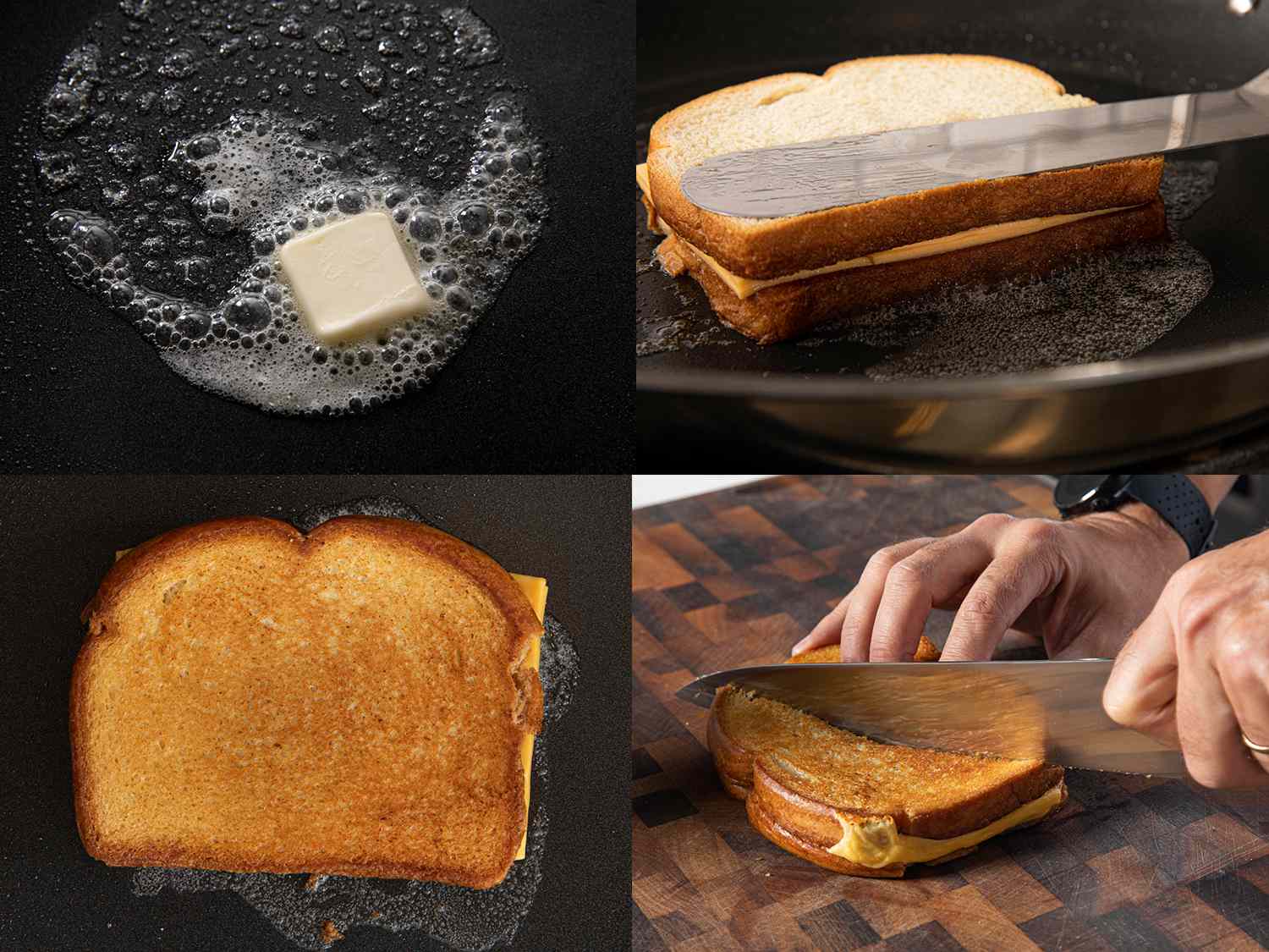 Four Image Collage. Top Left: butter melting in a pan. Top Right: A metal spatula pushing down on the grilled cheese added to the pan. Bottom left: Overhead view of golden brown grilled cheese in pan. Bottom Right: grilled cheese on a cutting board being cut in half diagonally