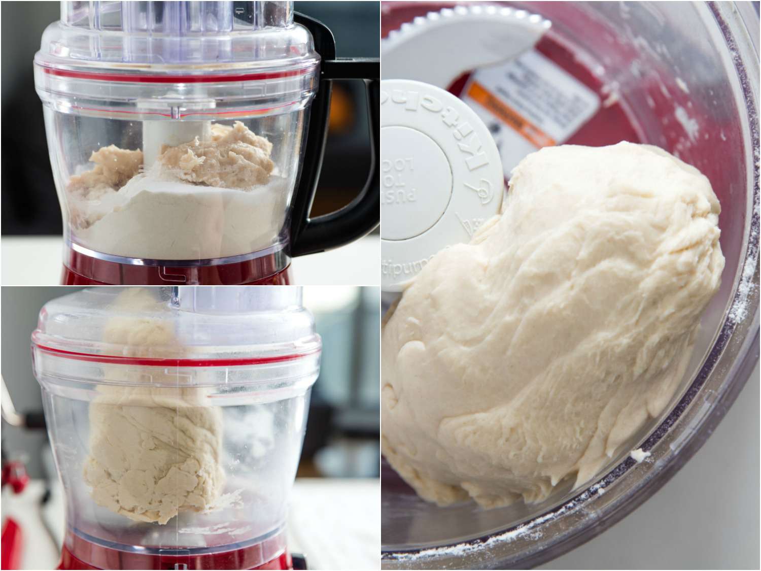 Photo collage showing processing bagel dough in a food processor until silky smooth.