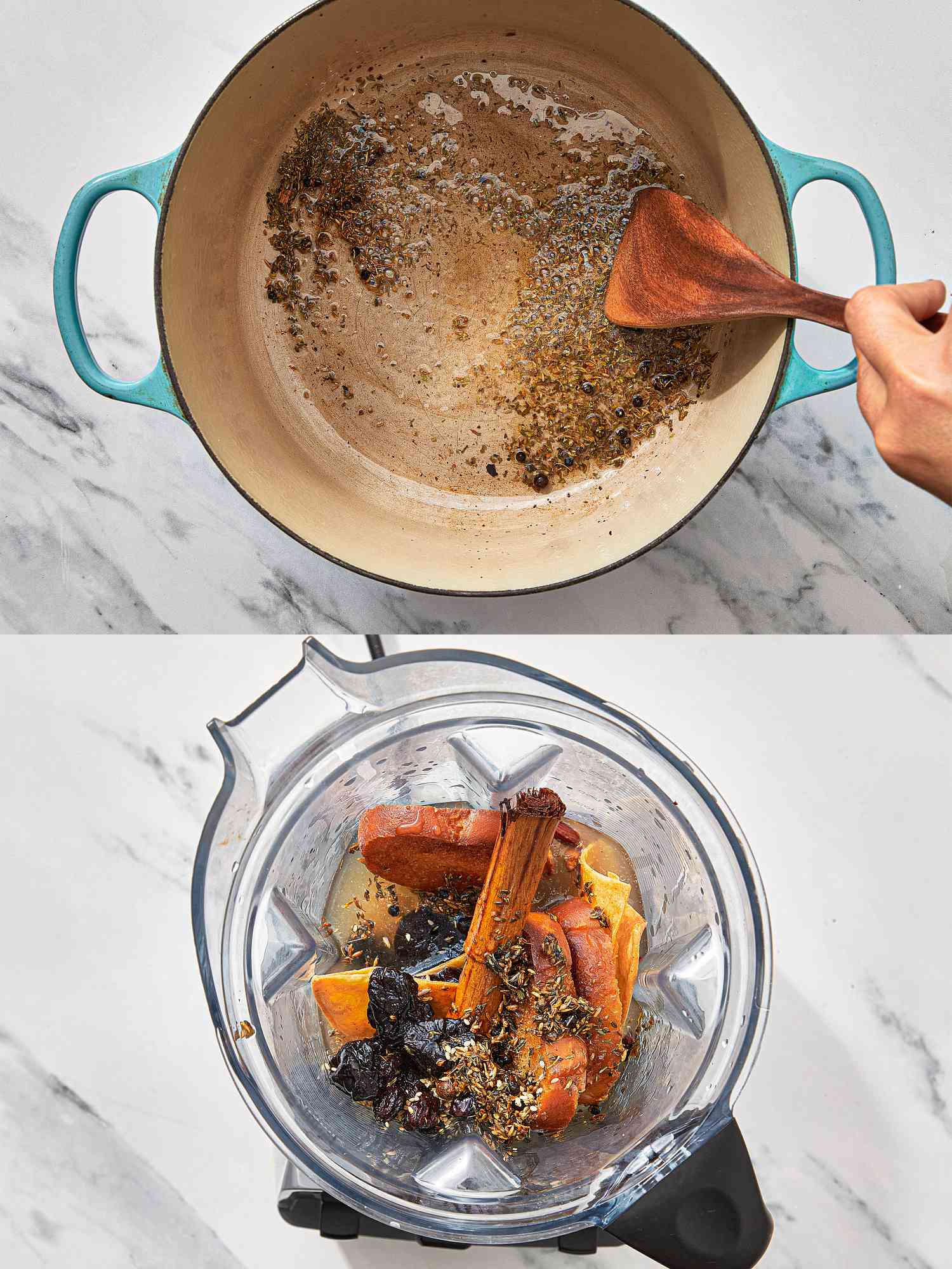 Two images showing the process of preparing mole negro sauce. Upper view of stirring spices in a pot and lower view of blending ingredients