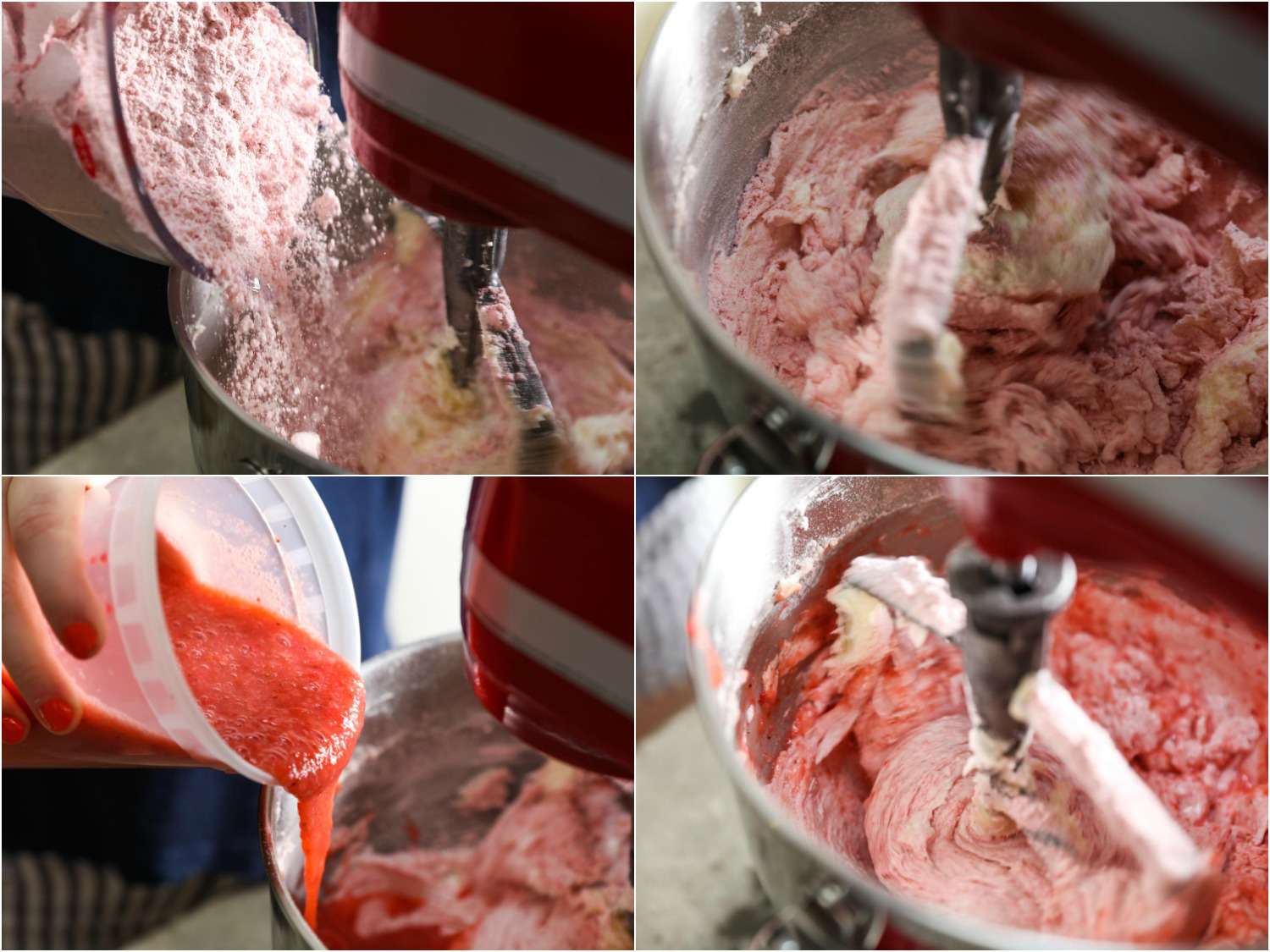 Collage of making batter for strawberry cake: adding strawberry/flour mixture to creamed butter and sugar, adding fresh strawberry purée, incorporating with paddle attachment.