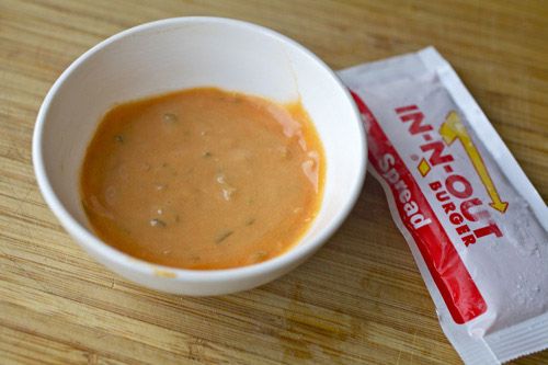 Closeup of a ramekin containing the special sauce from In-n-Out.