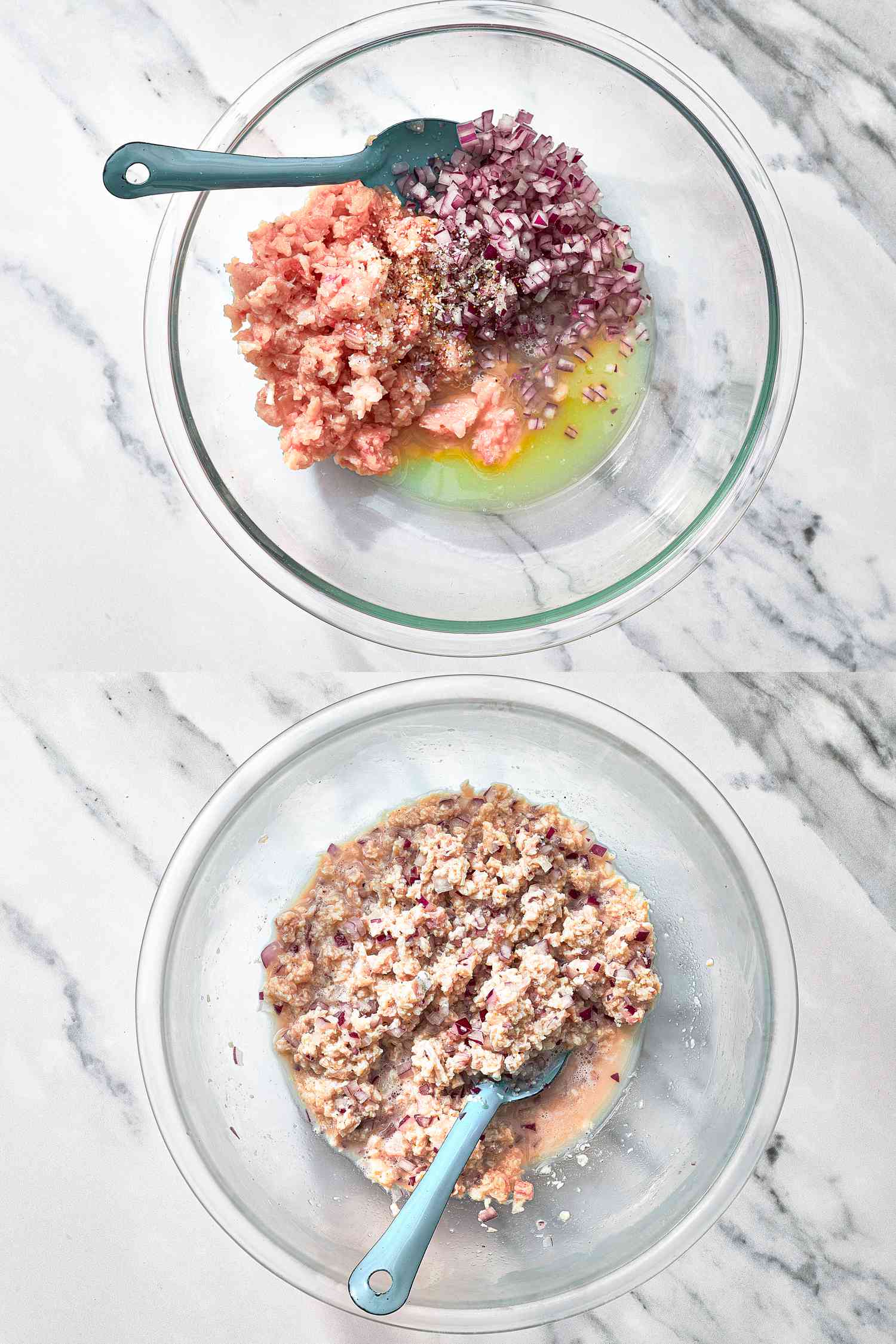 Two image collage of frozen fish before and after marinating in a glass bowl