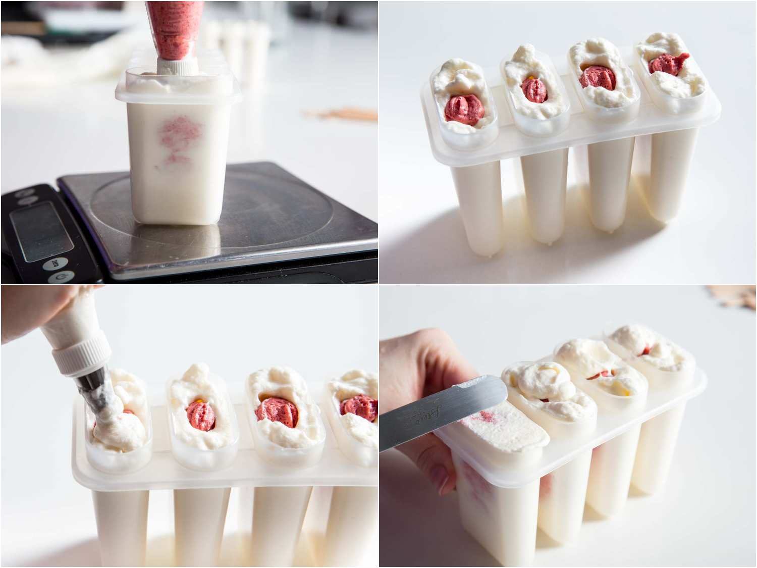 A four-image collage. The top left image shows piping the strawberry filling into the popsicle mold containing the plain filling on a kitchen scale. The top right image shows the filled molds. The bottom left image shows filling the mold until full. The bottom right image shows leveling the filling flush with the mold using a small offset spatula.