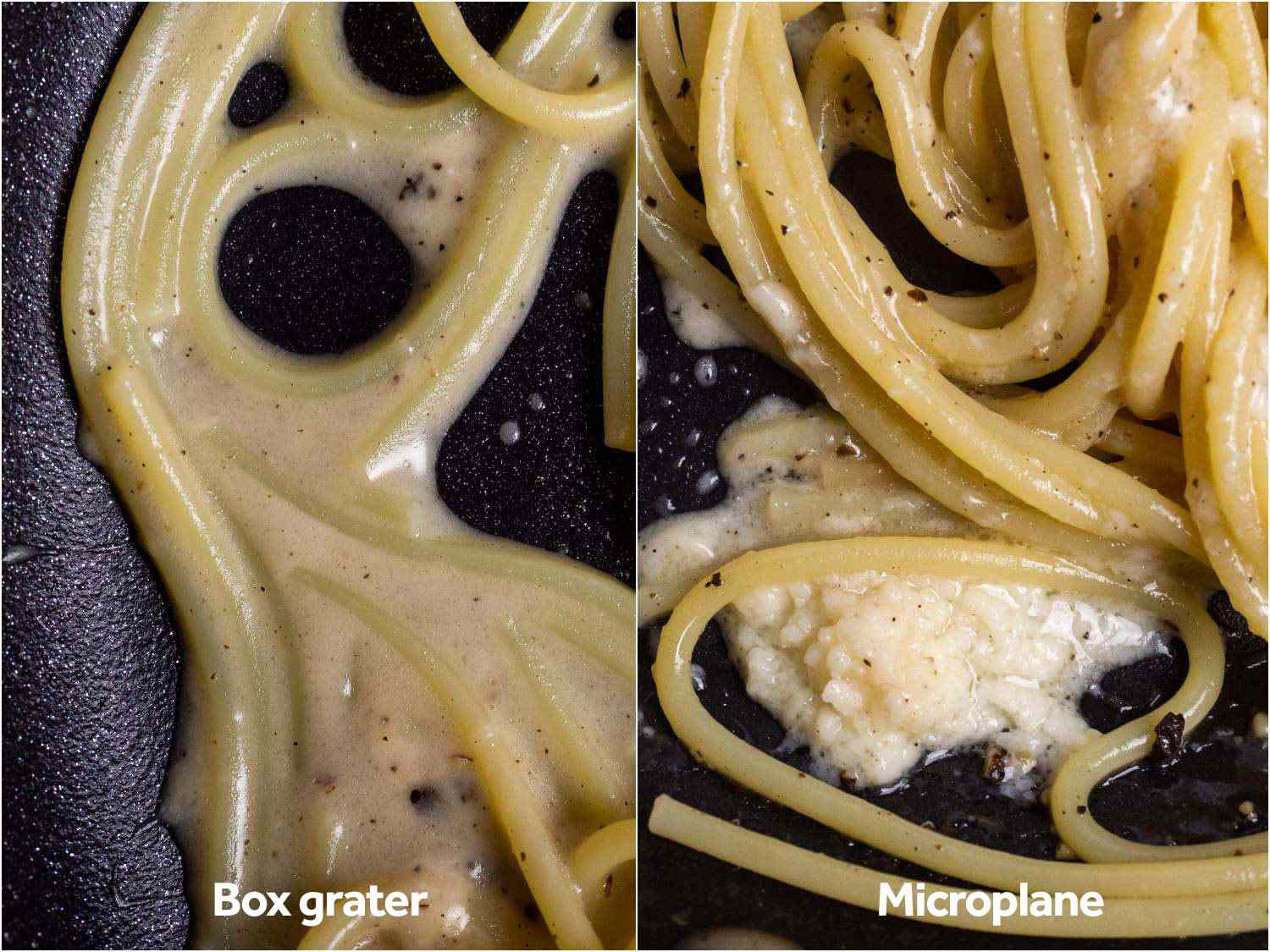 Pasta sauce made with box-grated verus Microplaned cheese: the box-grater cheese emulsified into a creamy sauce while the Microplane cheese clumped and broke.