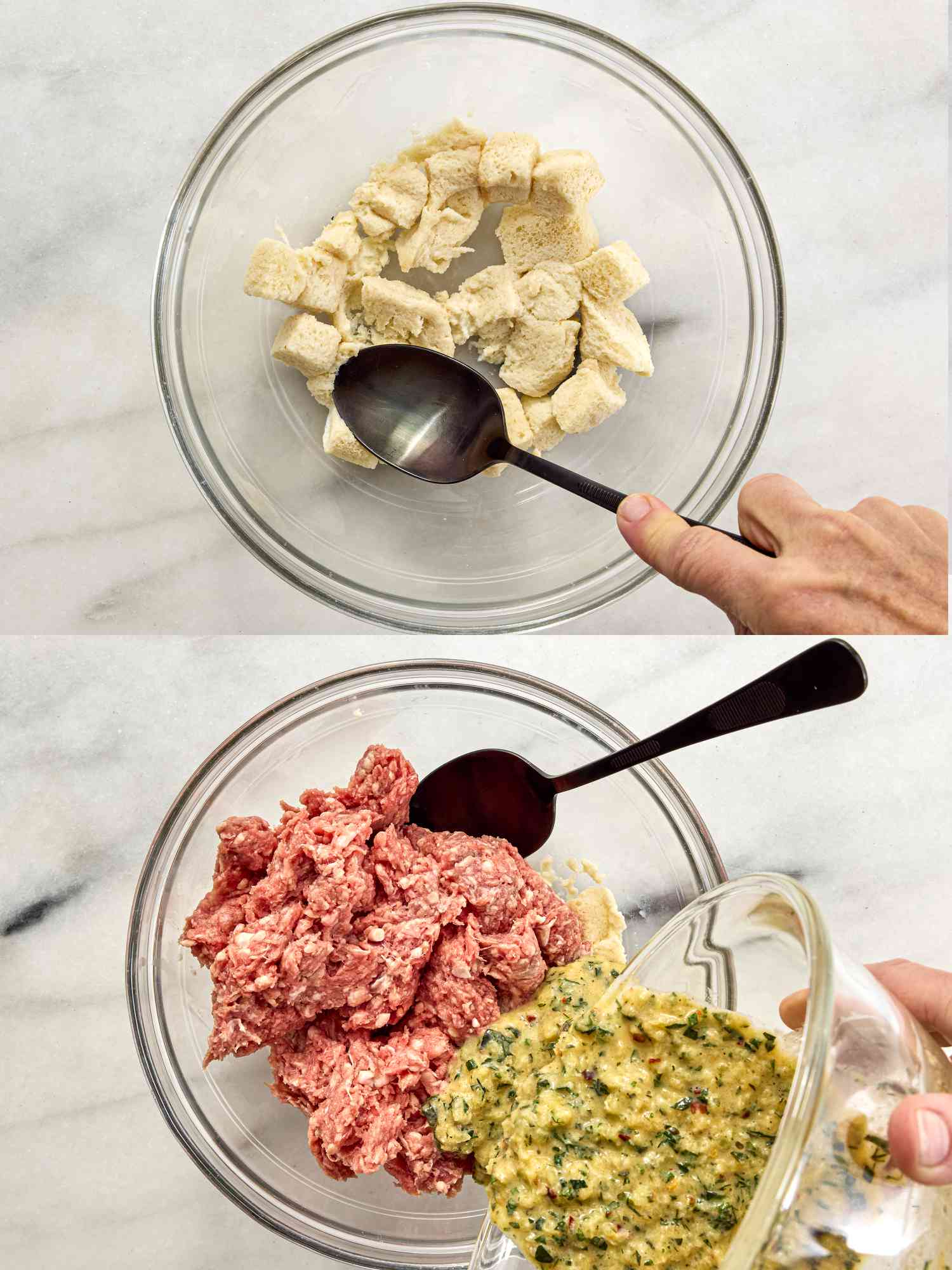 2 image collage. Top: mashing milky bread in a bowl with spoon. Bottom: pouring mixtures together into one bowl 