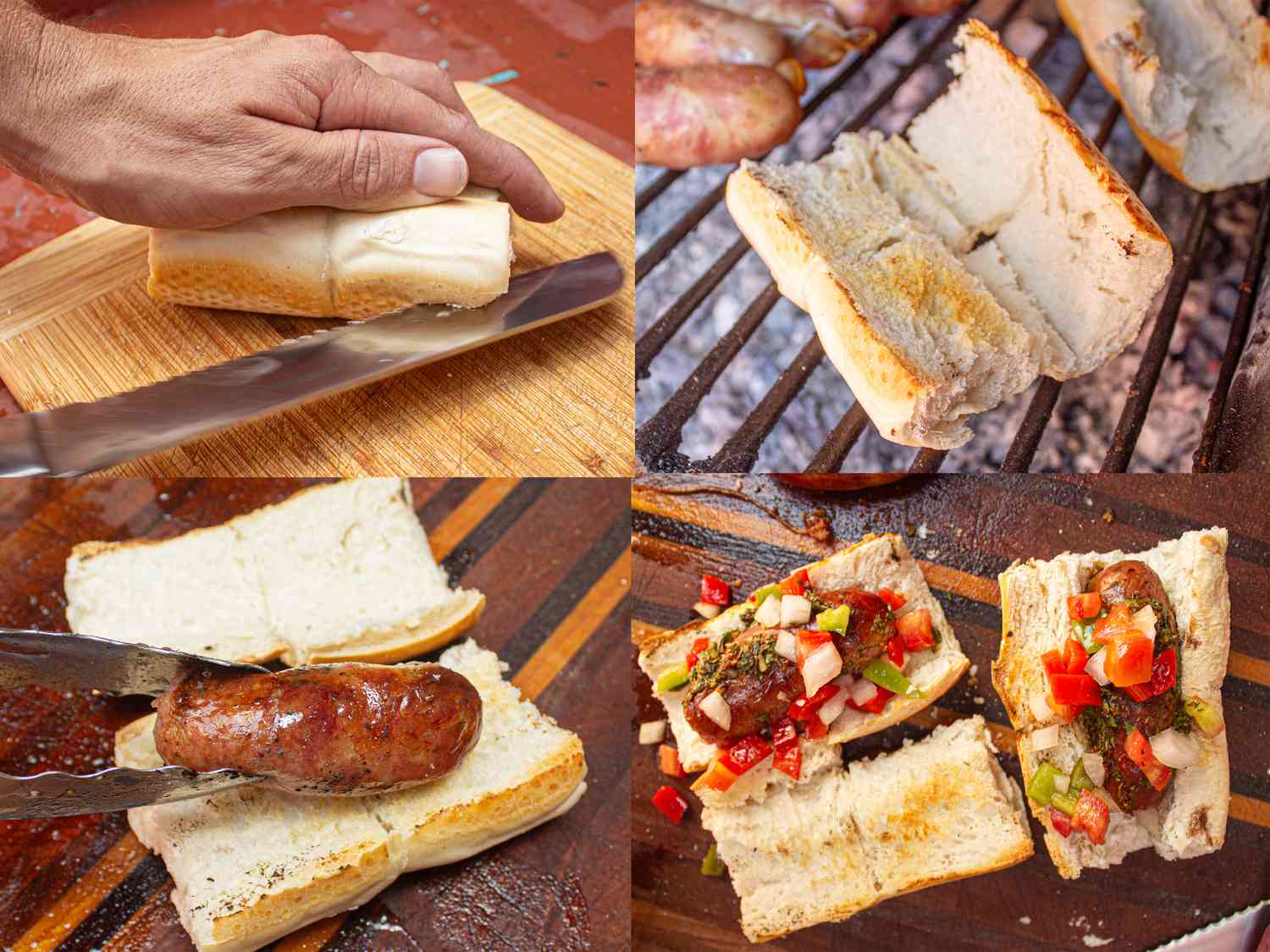 Four image collage of assembling choripan