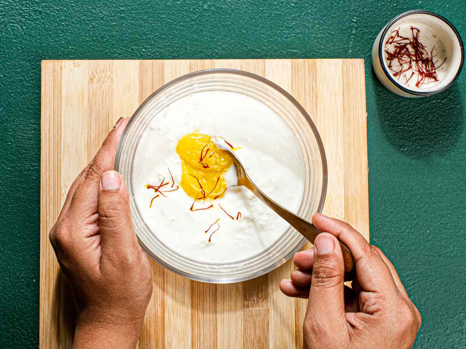 Overhead view of seasoning yogurt marinade