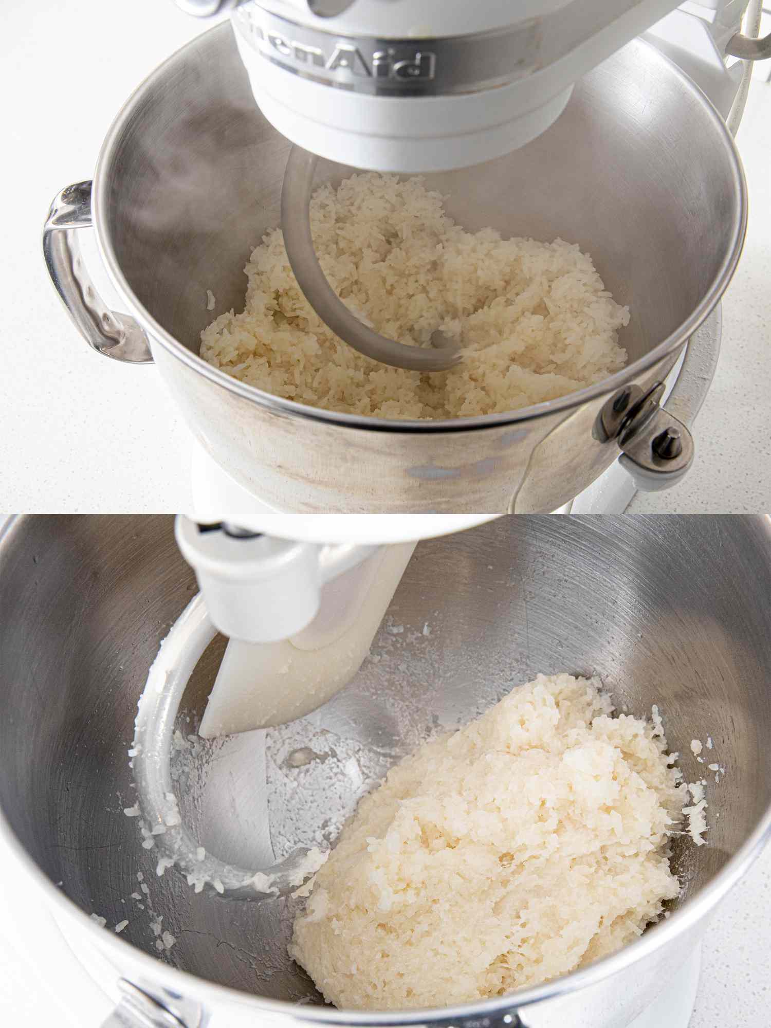 Two image collage of rice being added to a stand mixer and a plastic spatula pushing down rice