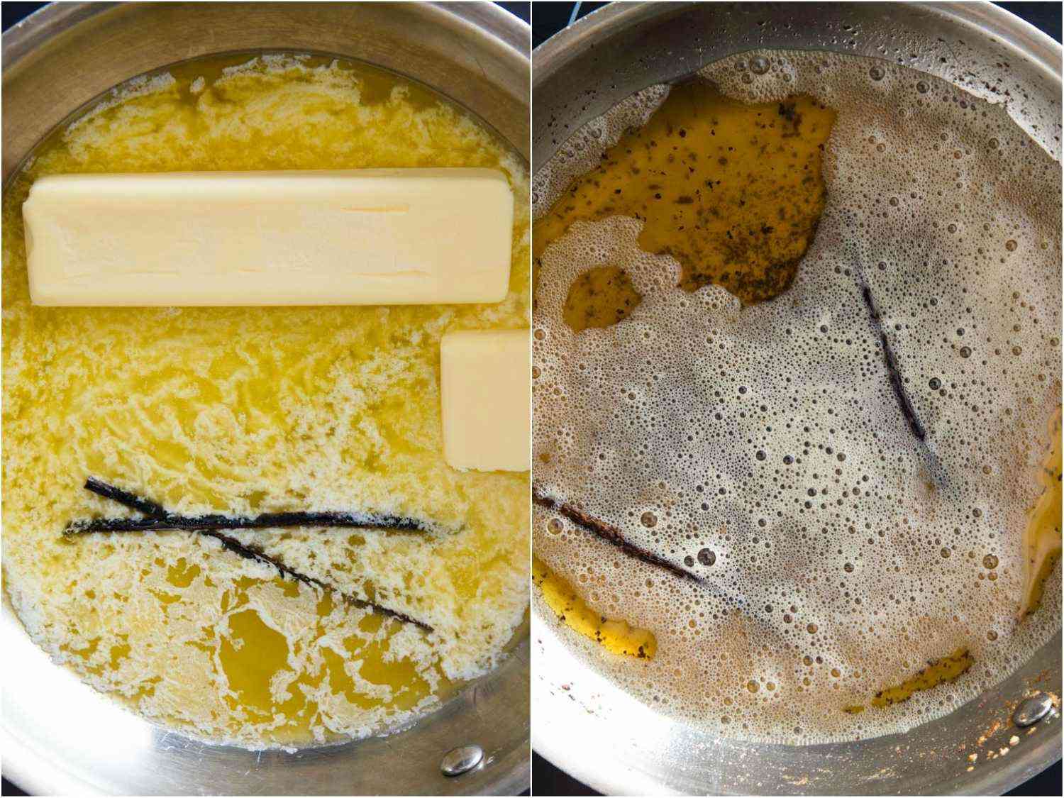 Composite of browning butter with a vanilla bean.