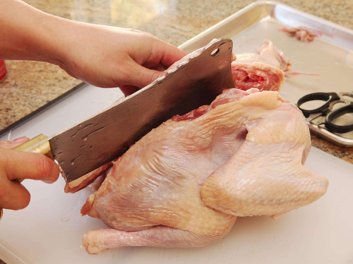 Author cutting along the backbone of a turkey with a large cleaver.