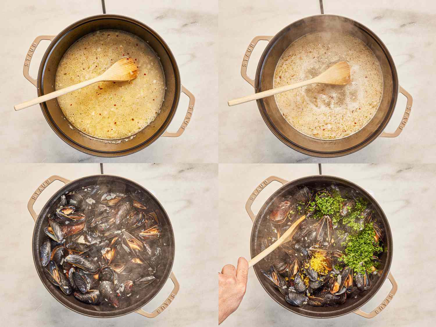Four images showing the process of making moules frites.