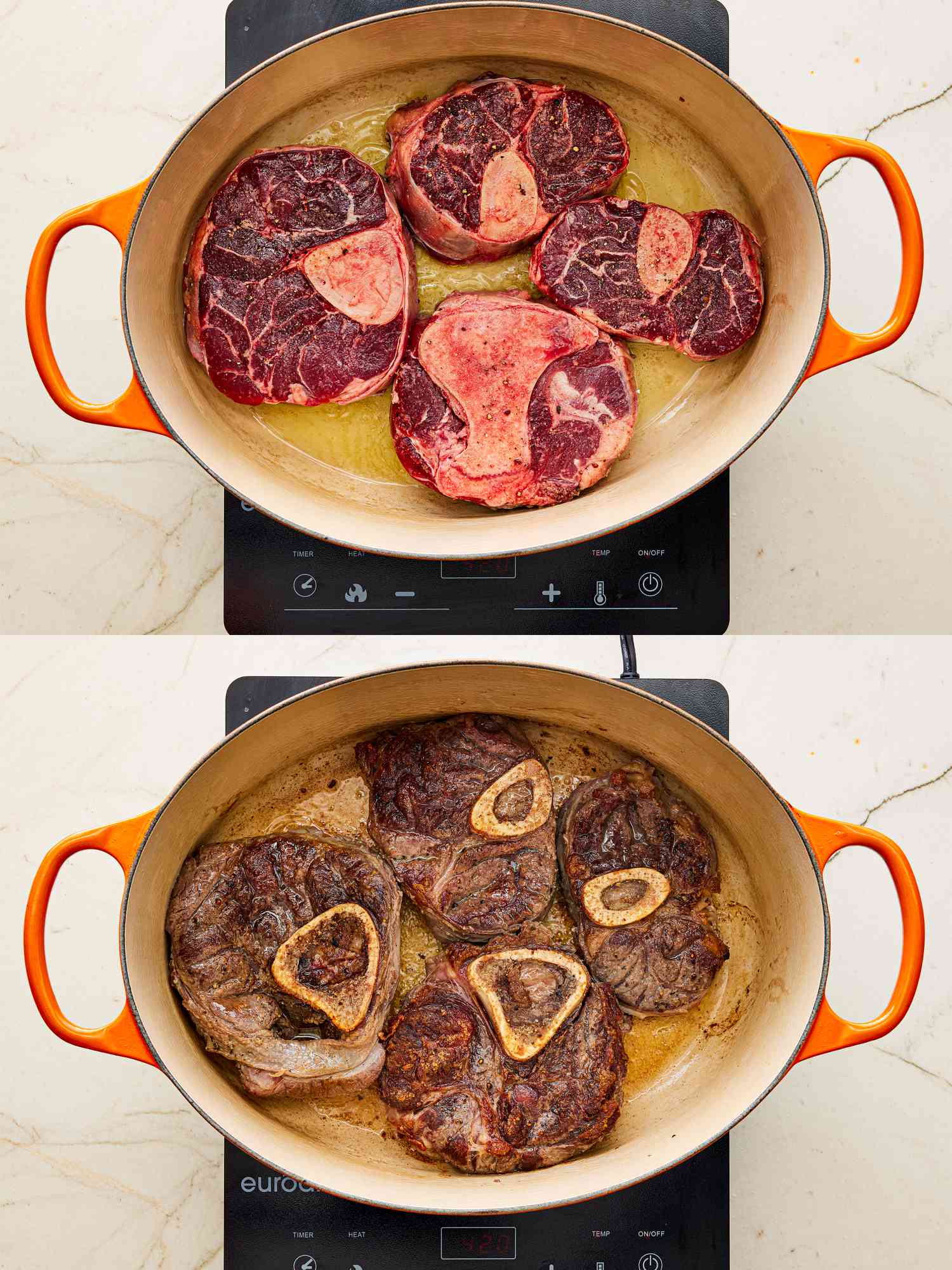 Two image collage of red wine braised short ribs browning in pot