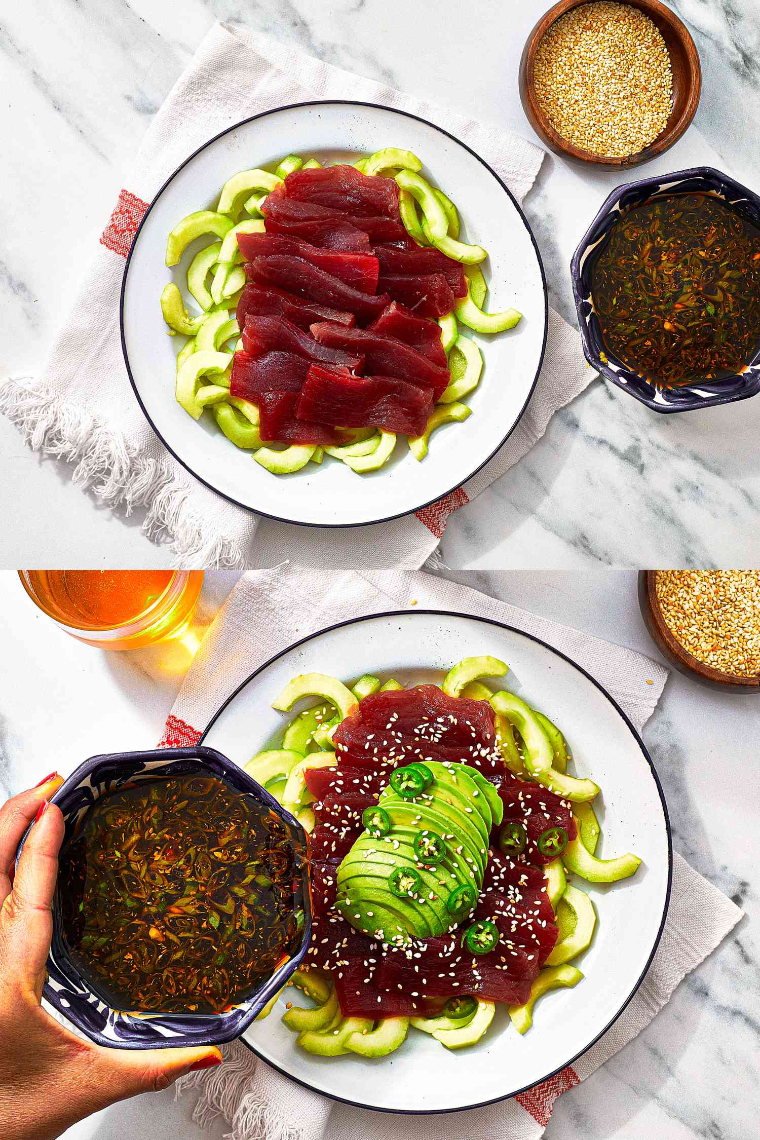 Two image collage of tuna arranged on a plate on top of cucumbers and sauce being poured over it